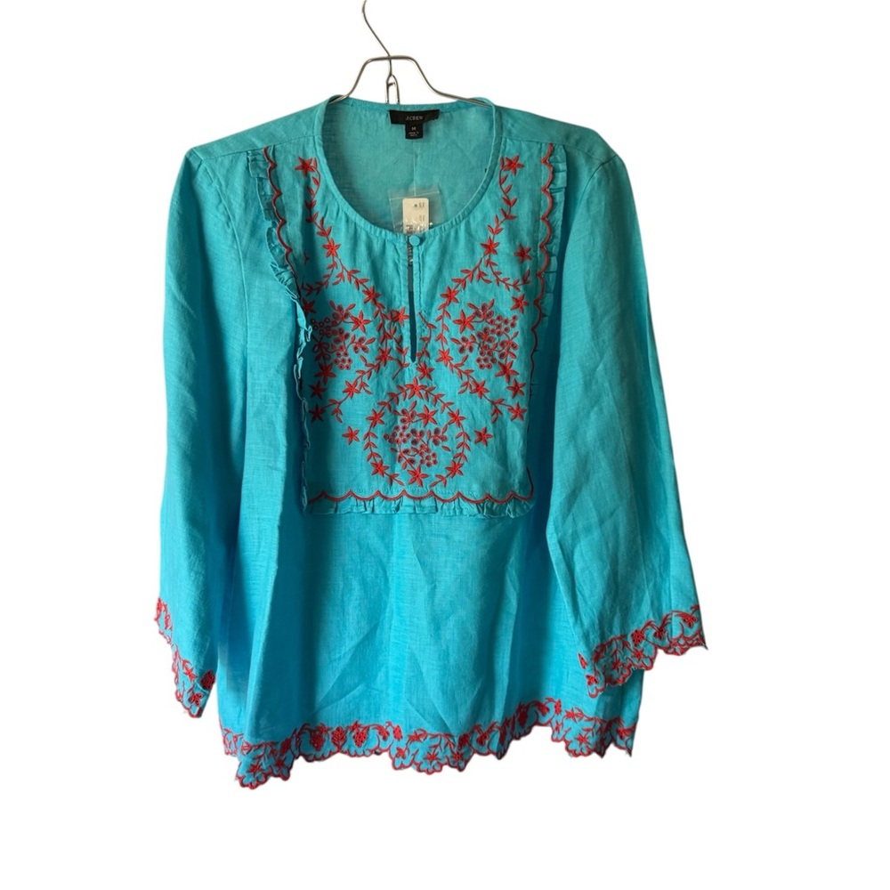 J. Crew Aqua Blouse with Red Embroidery